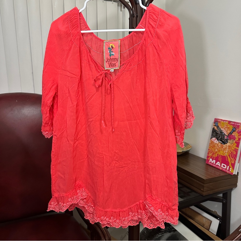 Johnny Was Coral Boho Peasant Top M Embroidered Floral Eyelet Hem Shirt defect